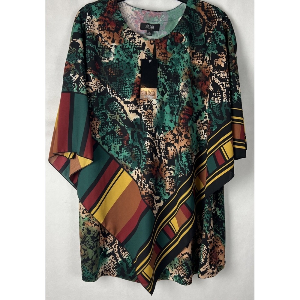 Slim Factor by Investments Women's Top Plus 1X Animal V-Neck Overlay Multi A11‎